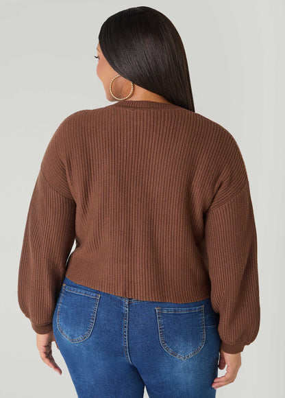 Ashley Stewart Cropped Ribbed Knit Sweater Potting Soil