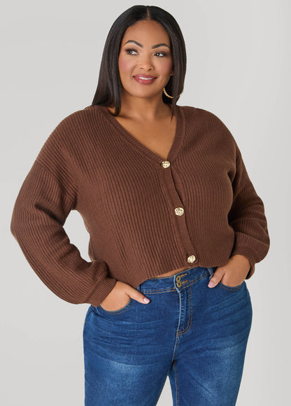 Ashley Stewart Cropped Ribbed Knit Sweater Potting Soil