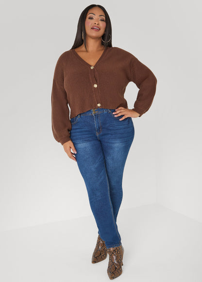 Ashley Stewart Cropped Ribbed Knit Sweater Potting Soil