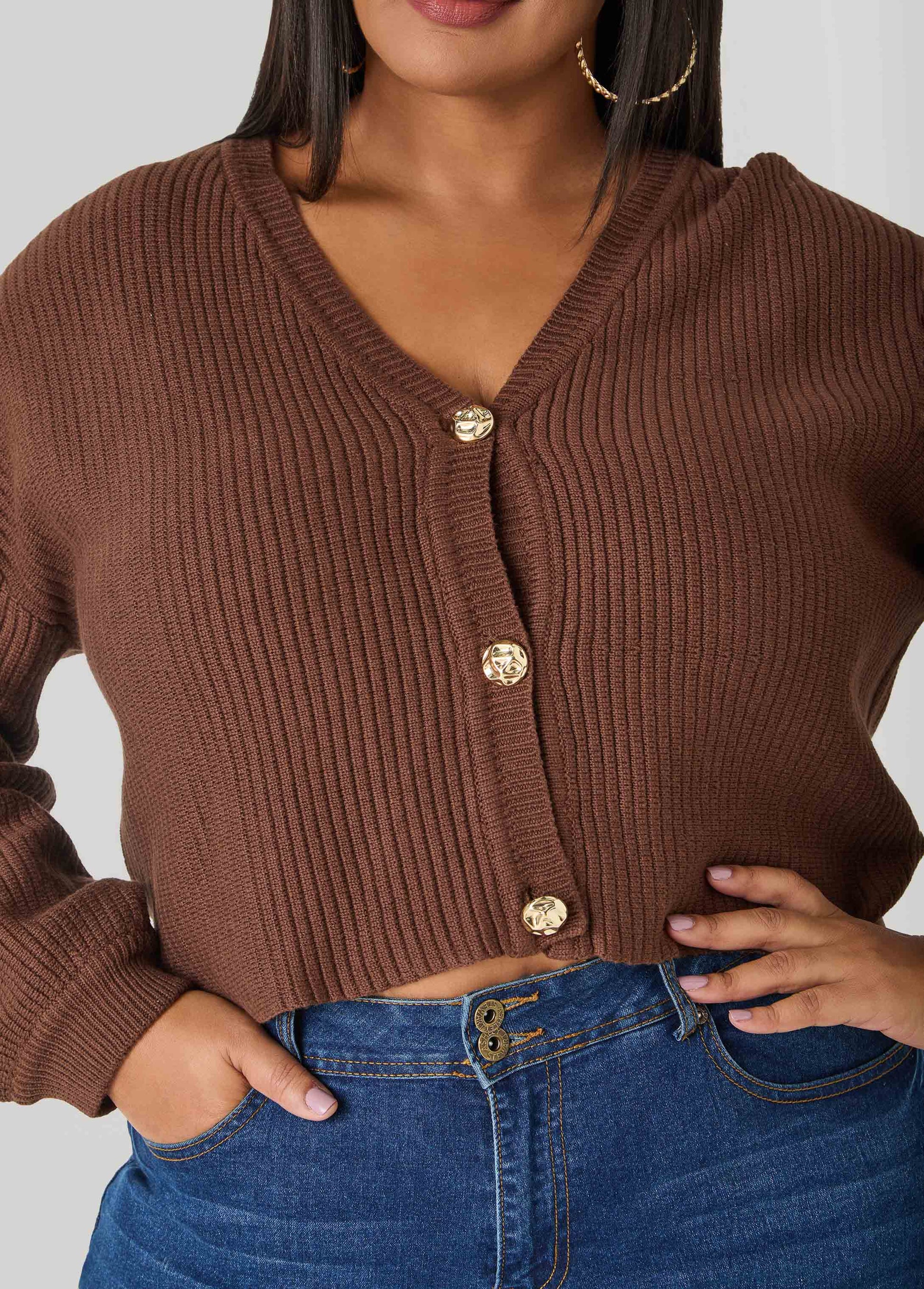 Ashley Stewart Cropped Ribbed Knit Sweater Potting Soil