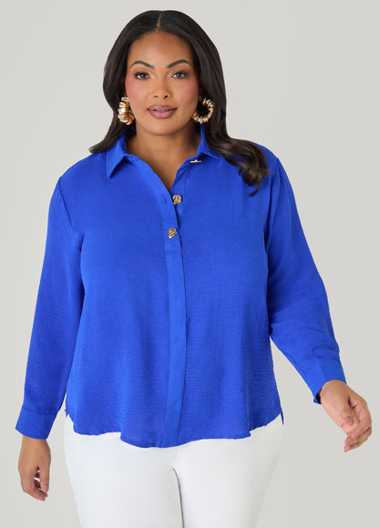 Ashley Stewart Button Embellished Textured Shirt Black