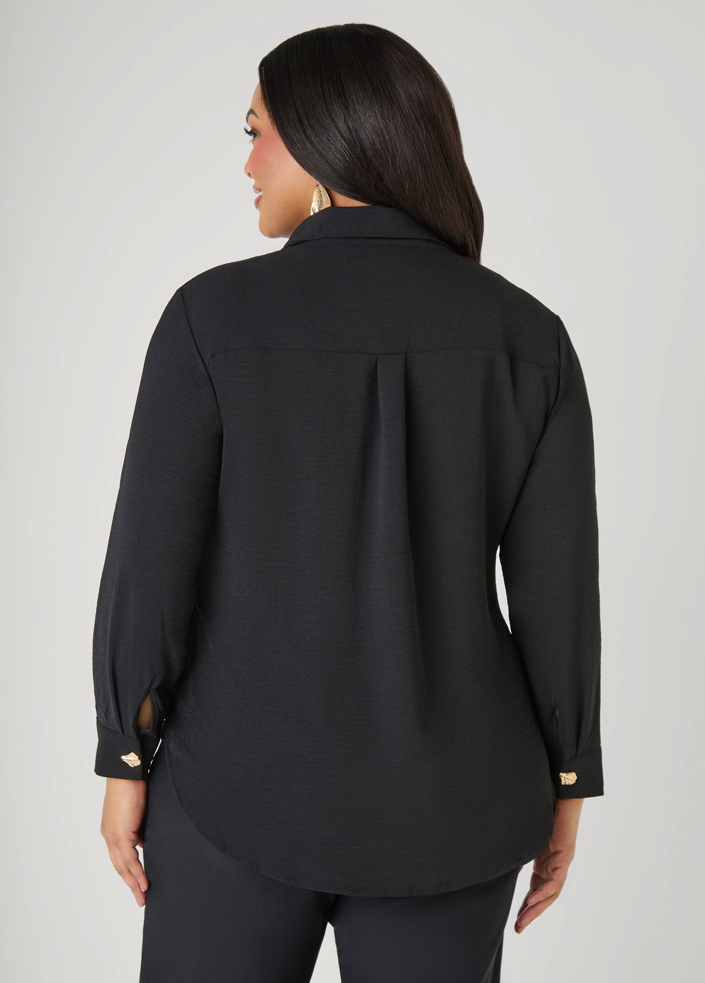 Ashley Stewart Button Embellished Textured Shirt Black