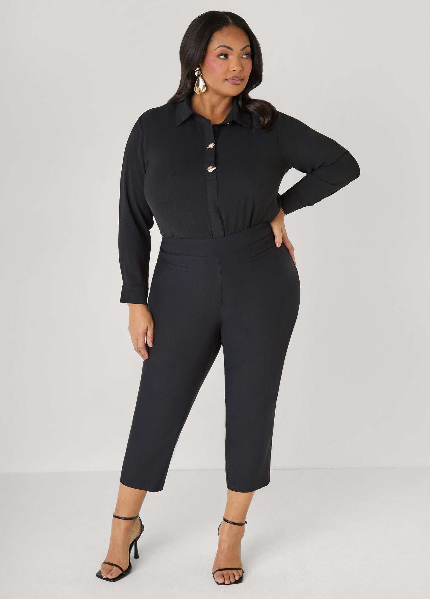Ashley Stewart Button Embellished Textured Shirt Black
