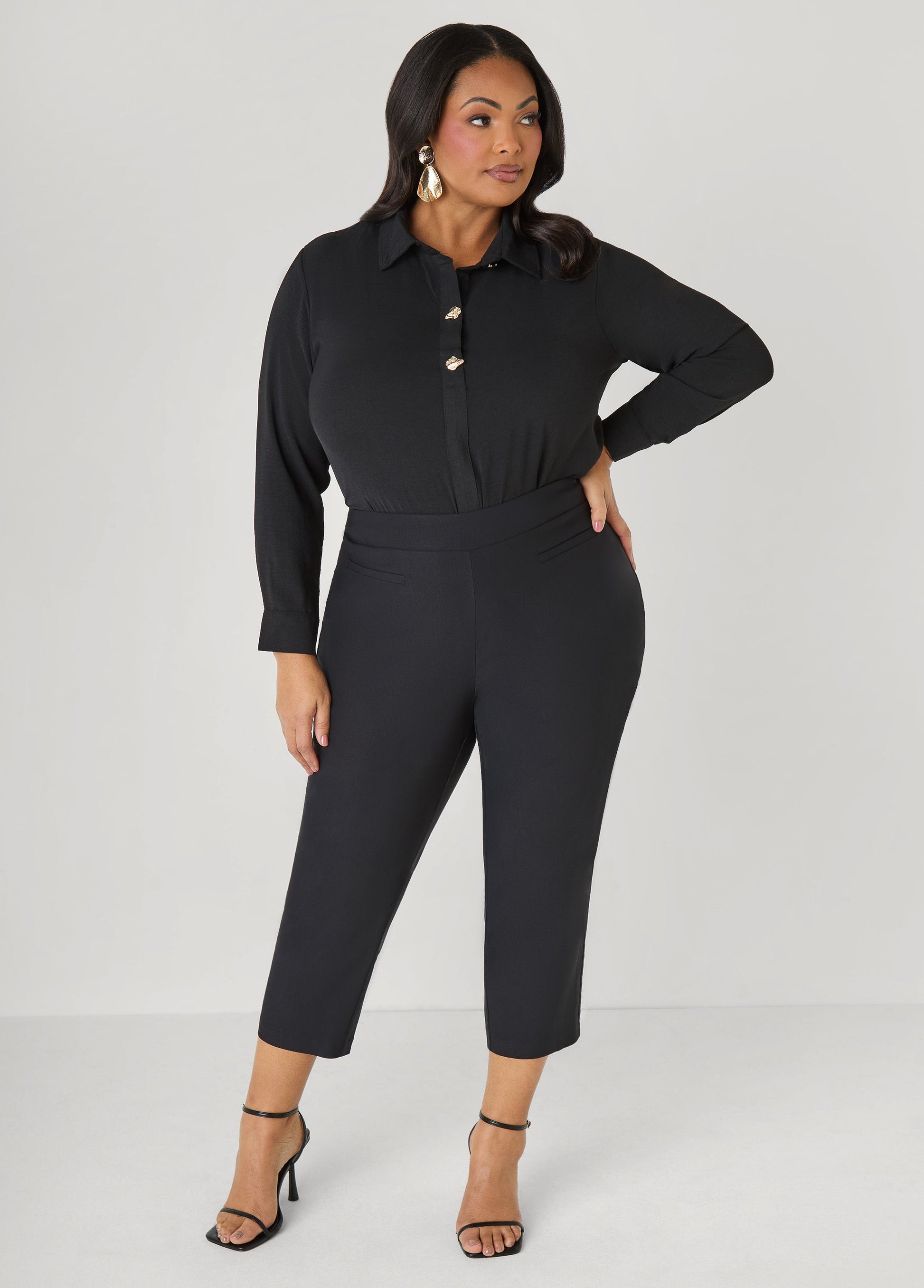 Ashley Stewart Button Embellished Textured Shirt Black