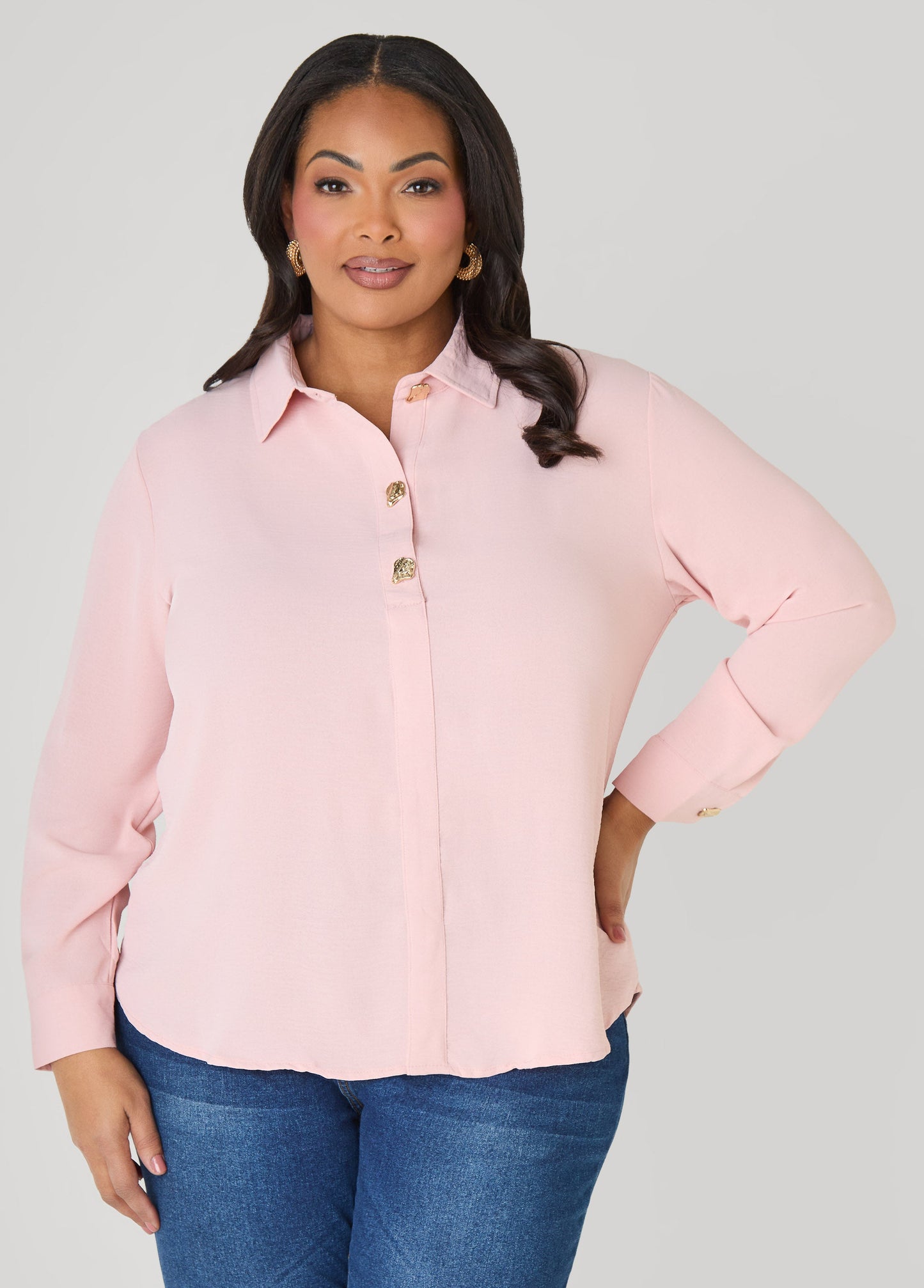 Ashley Stewart Button Embellished Textured Shirt Black