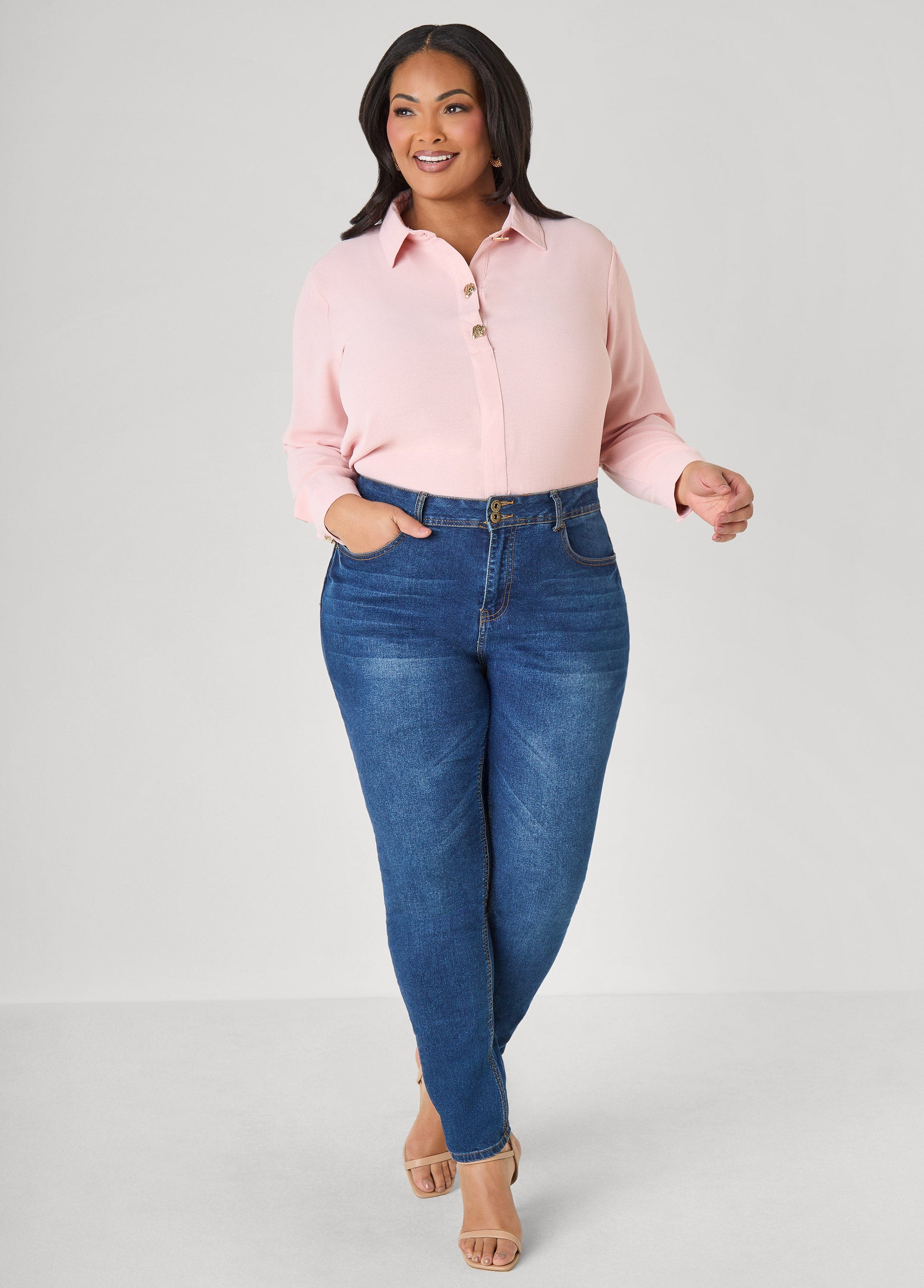 Ashley Stewart Button Embellished Textured Shirt Black