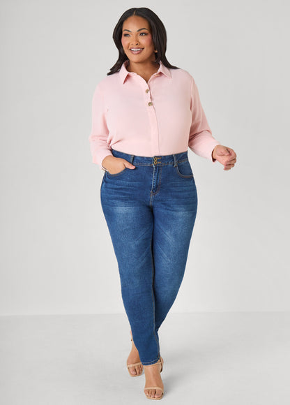 Ashley Stewart Button Embellished Textured Shirt Black