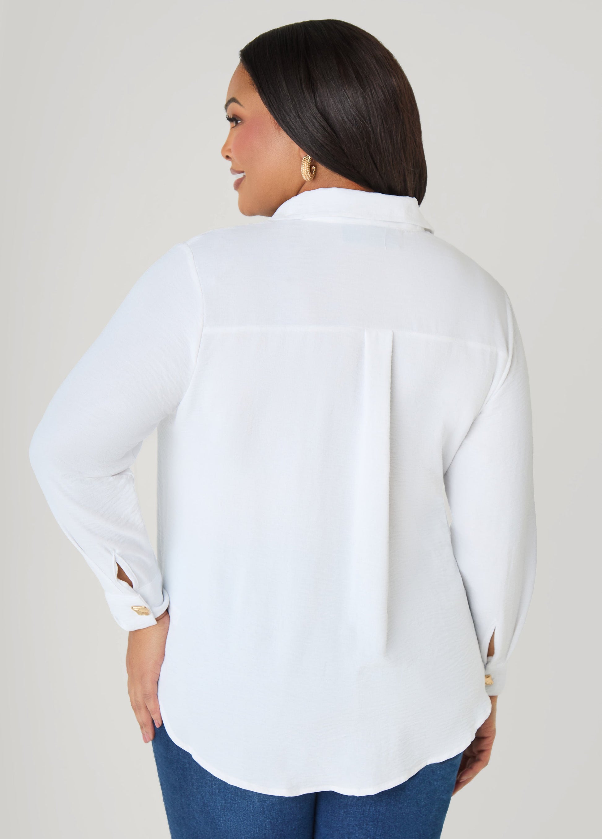 Ashley Stewart Button Embellished Textured Shirt Black