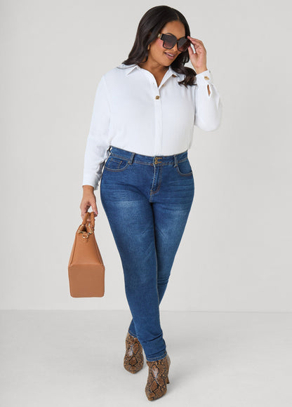 Ashley Stewart Button Embellished Textured Shirt Black