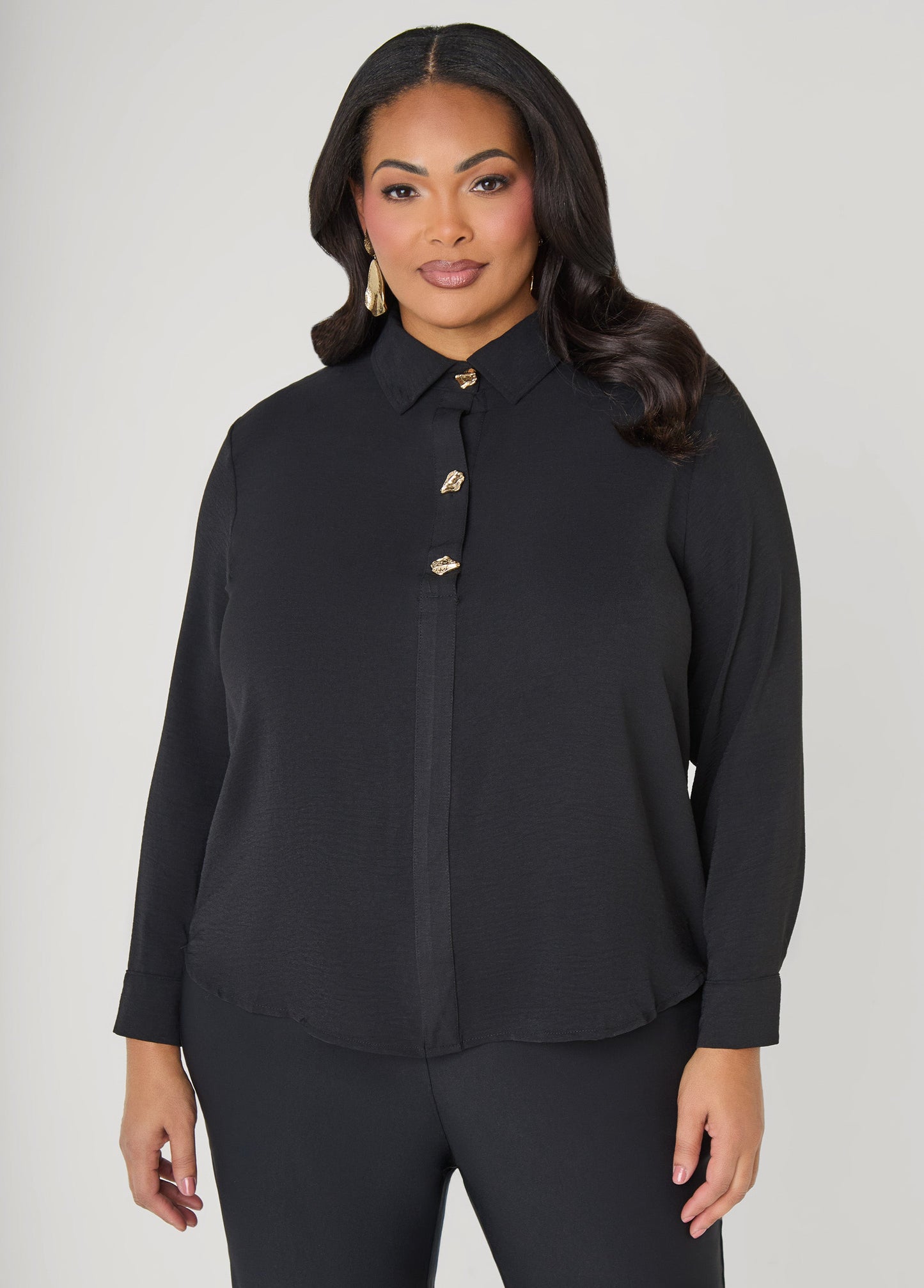 Ashley Stewart Button Embellished Textured Shirt Black