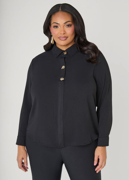 Ashley Stewart Button Embellished Textured Shirt Black