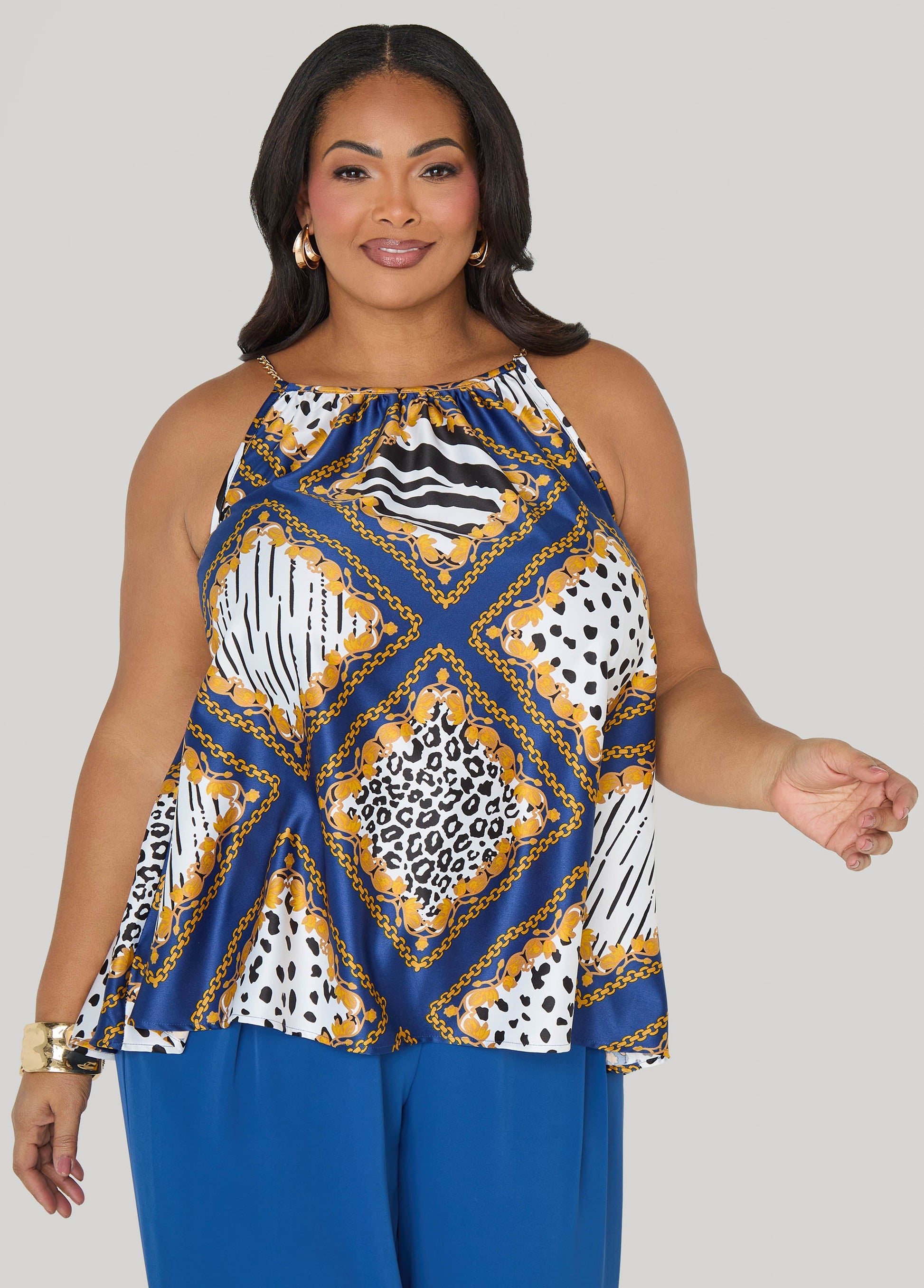 Ashley Stewart Chain Trimmed Animal Print Cami Navy Peony
