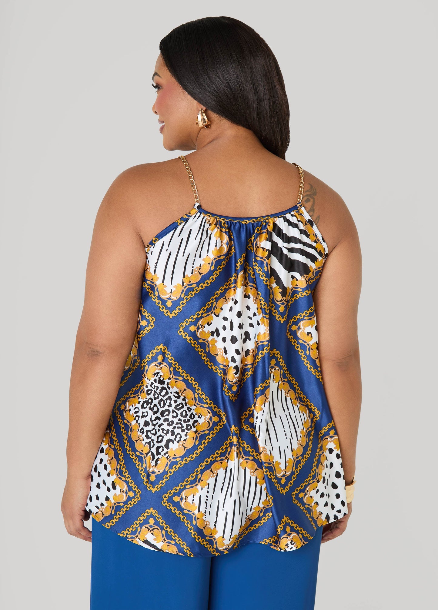 Ashley Stewart Chain Trimmed Animal Print Cami Navy Peony
