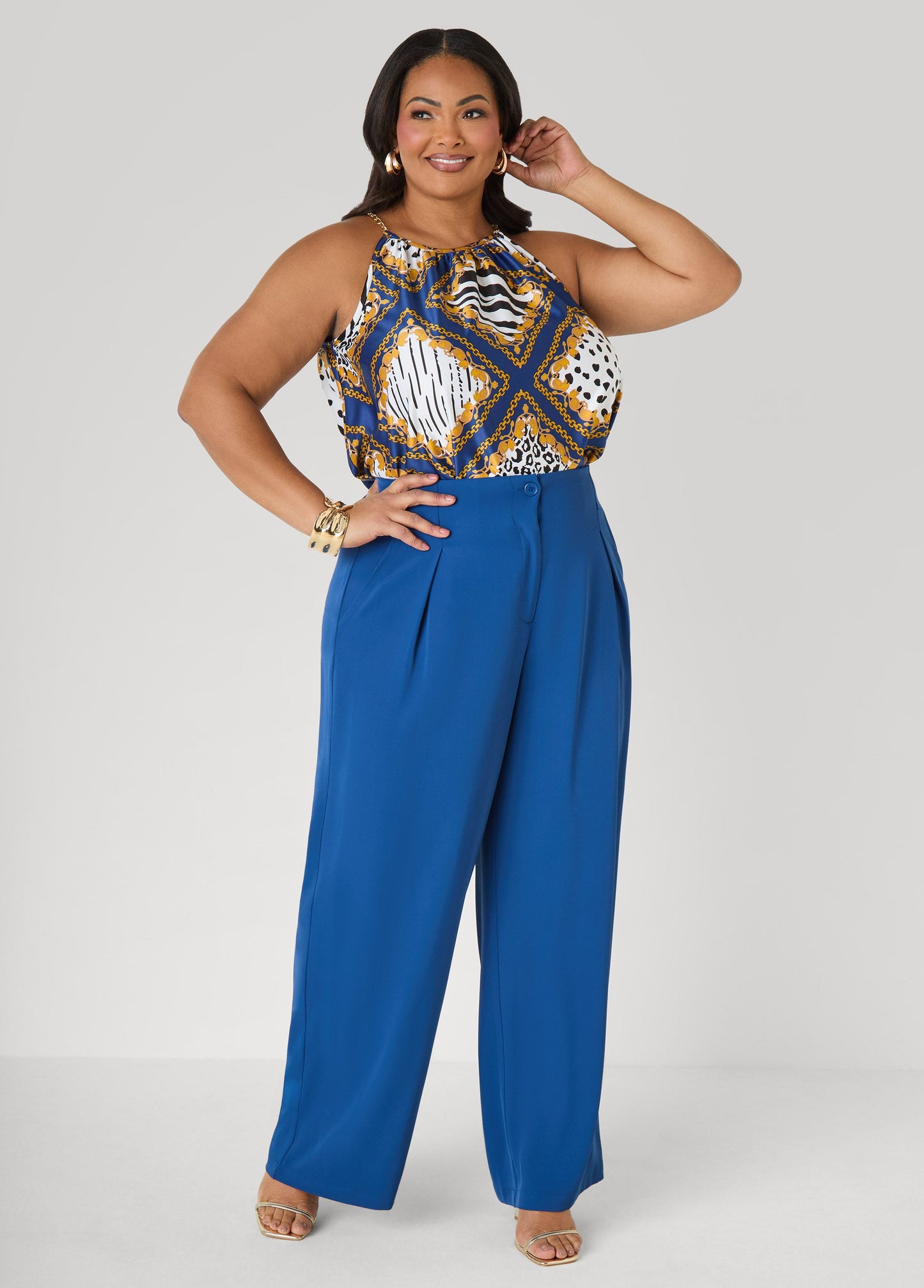 Ashley Stewart Chain Trimmed Animal Print Cami Navy Peony