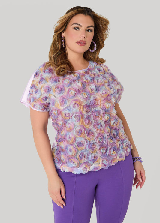 Ashley Stewart Rosette Mesh And Satin Blouse Multi