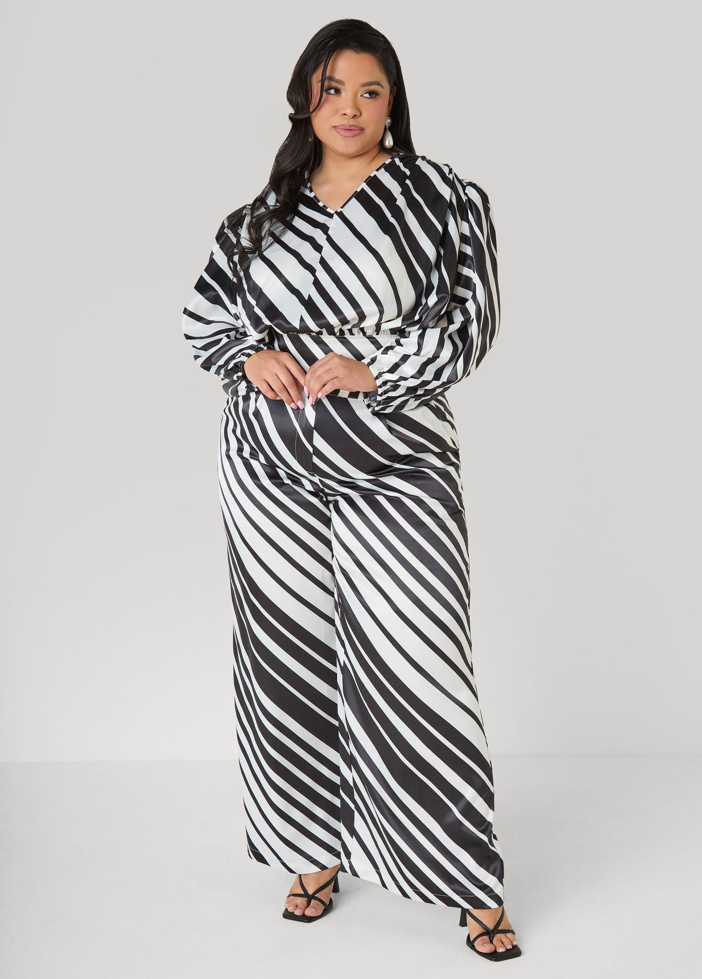 Ashley Stewart Striped Satin Blouse White Black