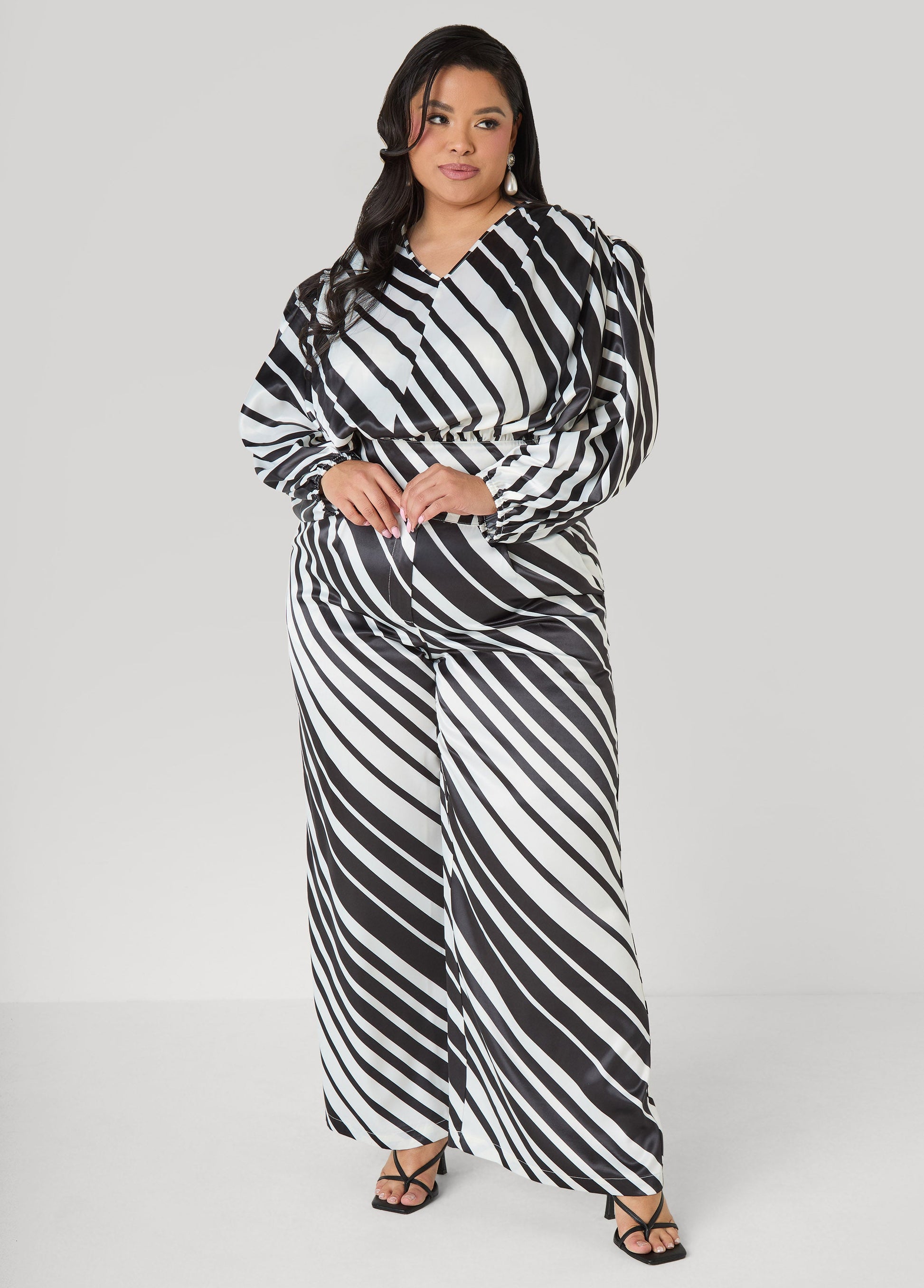 Ashley Stewart Striped Satin Blouse White Black