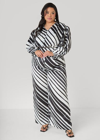 Ashley Stewart Striped Satin Blouse White Black