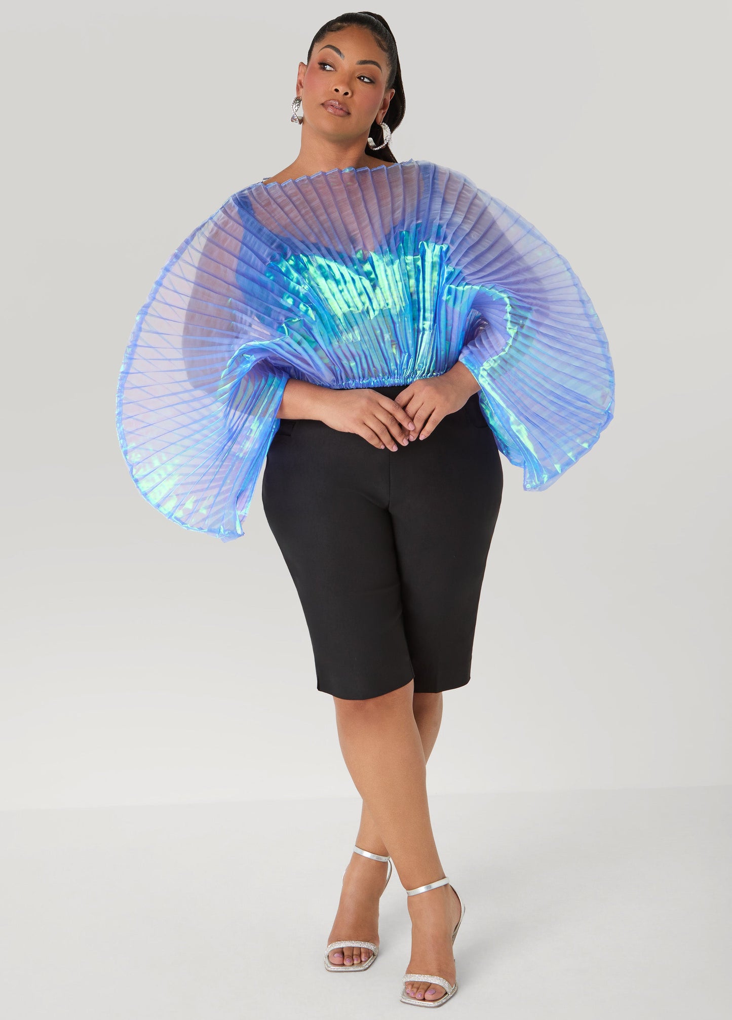 Ashley Stewart Iridescent Pleated Organza Top Blue