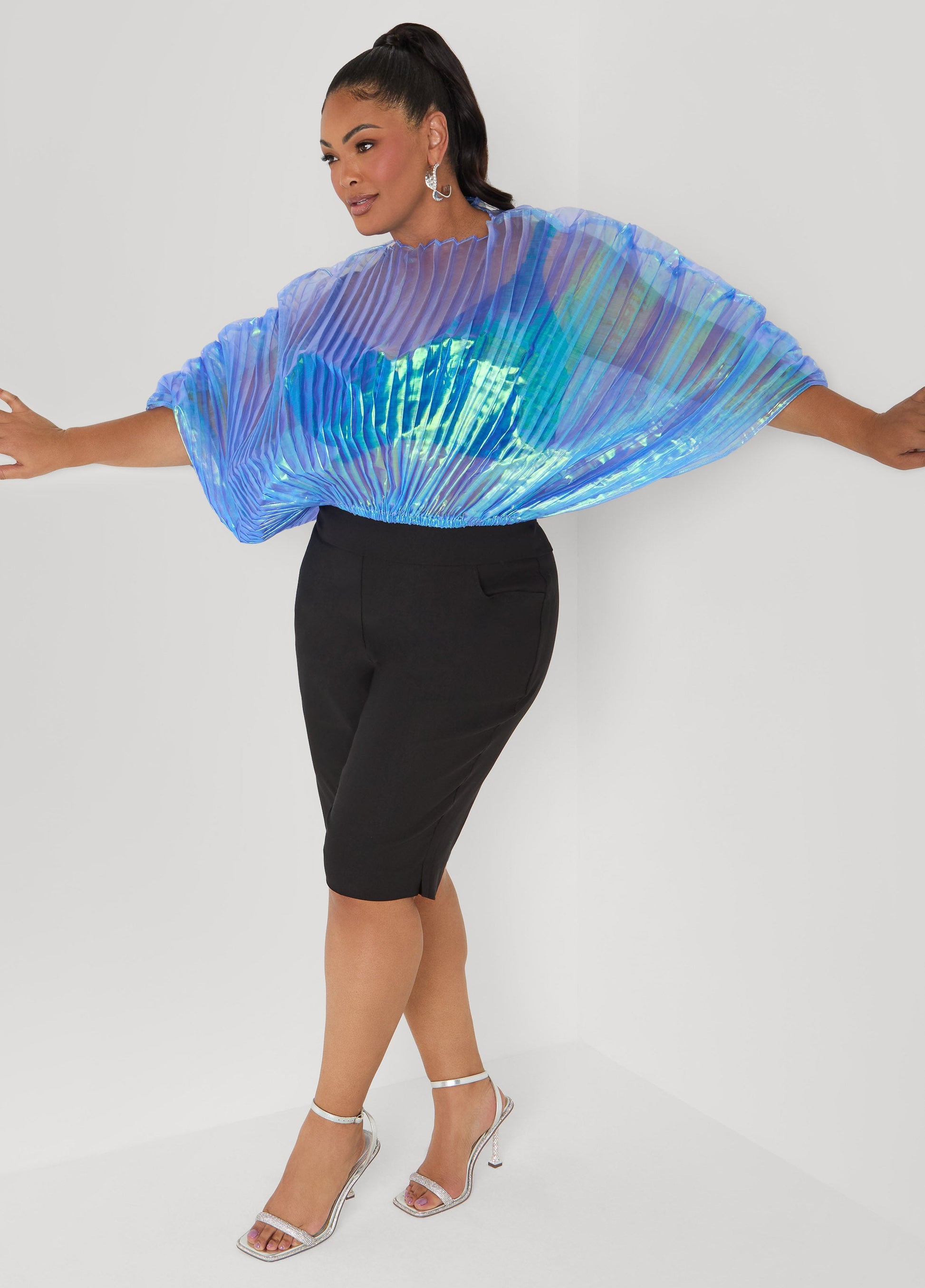 Ashley Stewart Iridescent Pleated Organza Top Blue