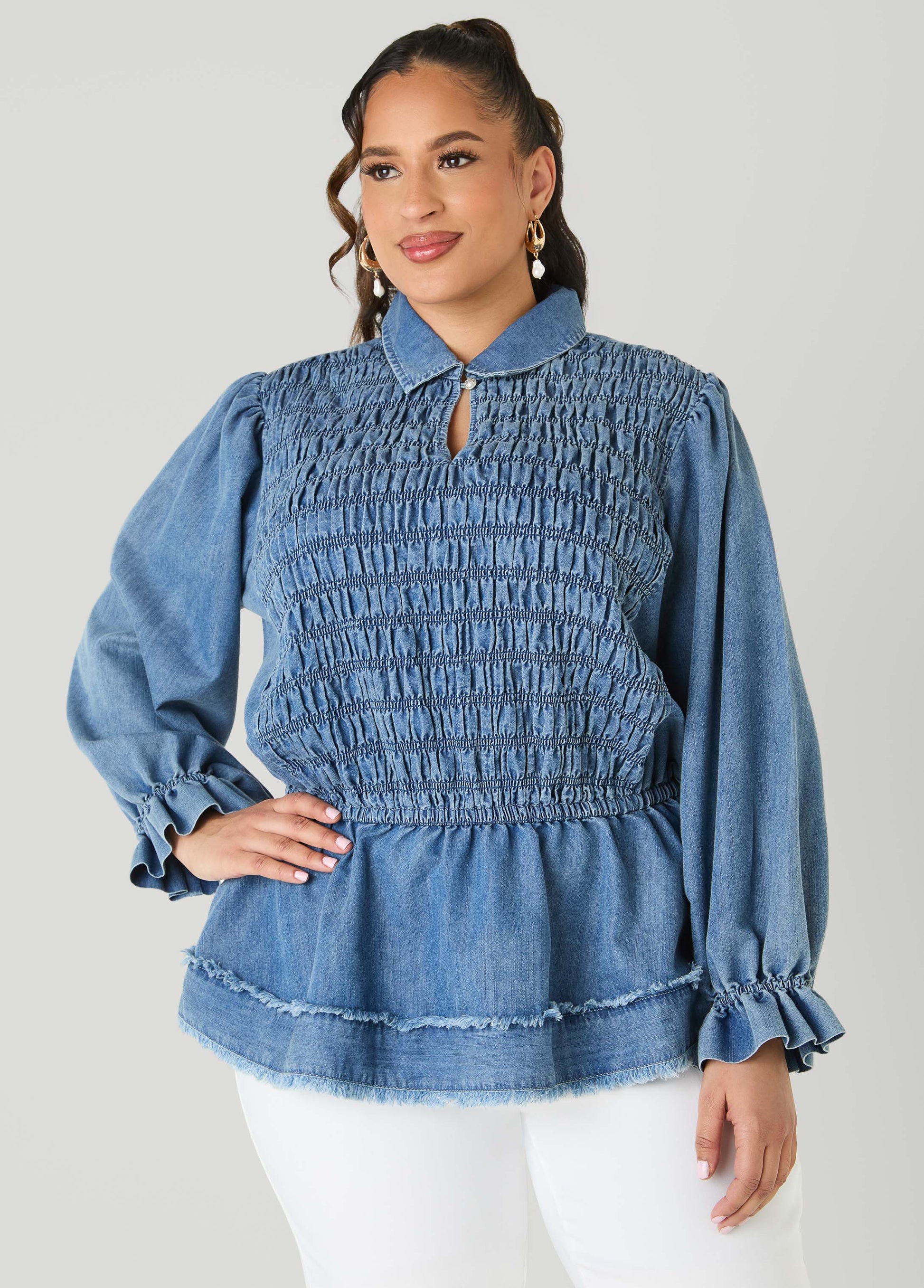 Ashley Stewart Smocked Denim Peplum Top Denim