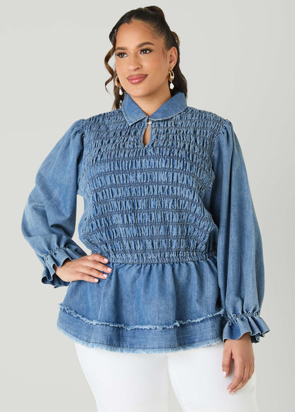 Ashley Stewart Smocked Denim Peplum Top Denim