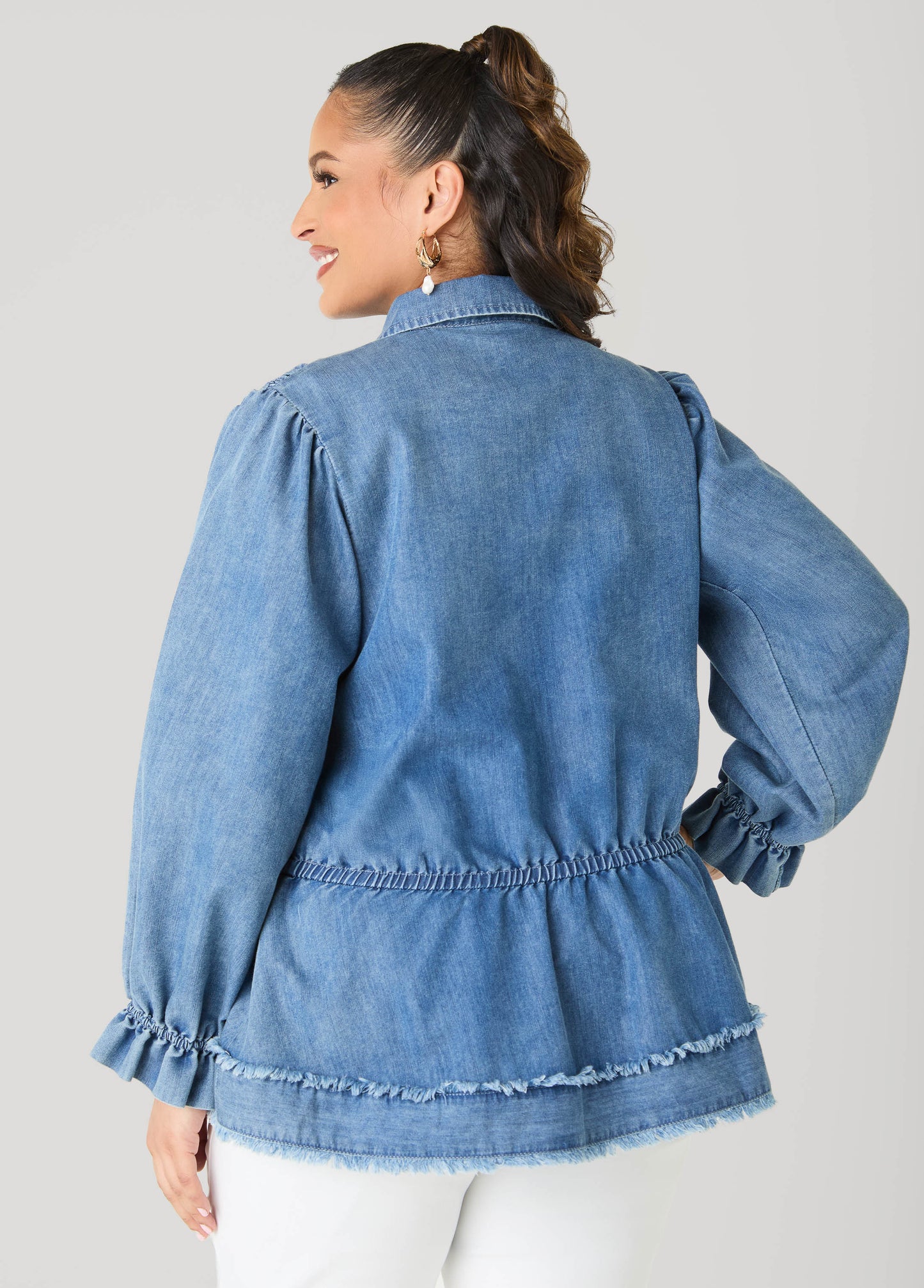 Ashley Stewart Smocked Denim Peplum Top Denim
