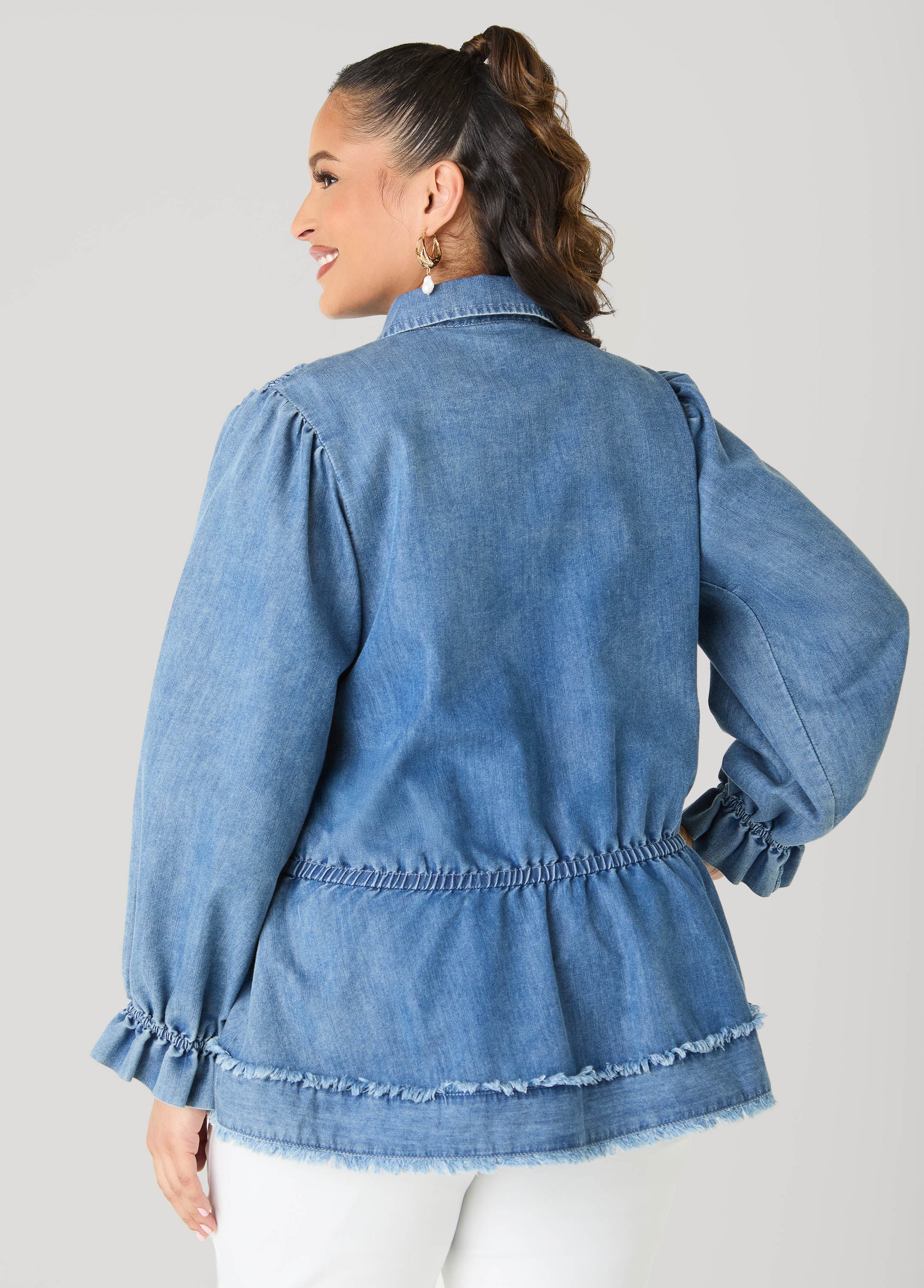 Ashley Stewart Smocked Denim Peplum Top Denim