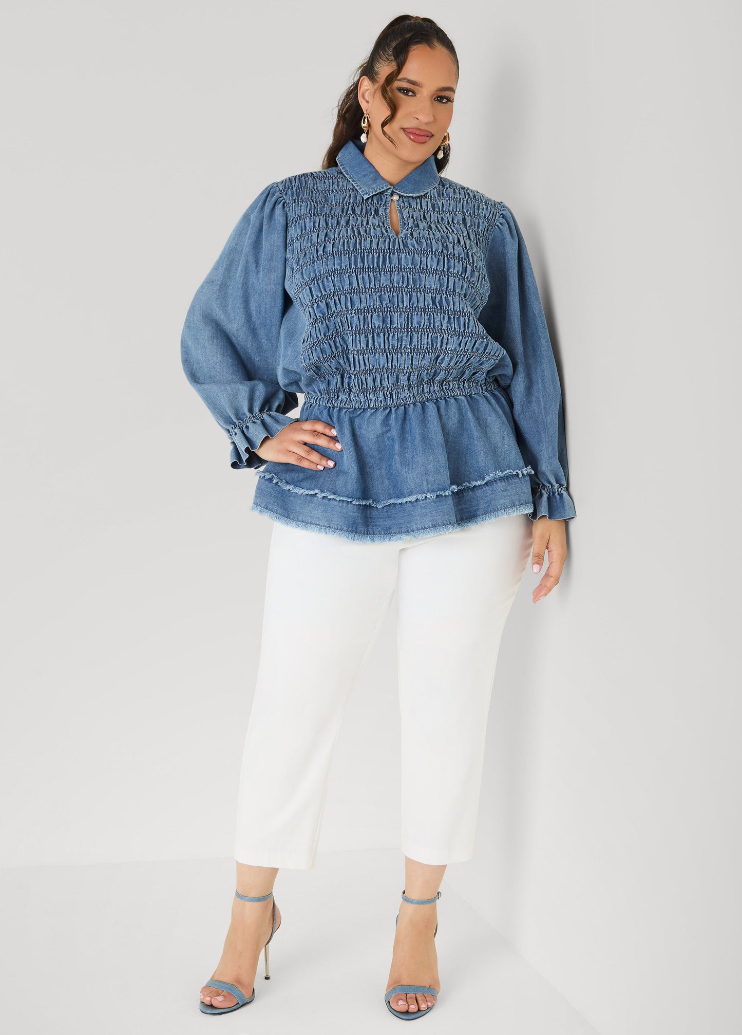 Ashley Stewart Smocked Denim Peplum Top Denim