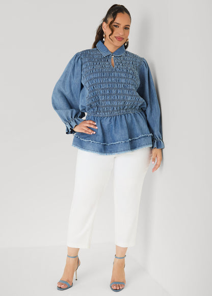 Ashley Stewart Smocked Denim Peplum Top Denim