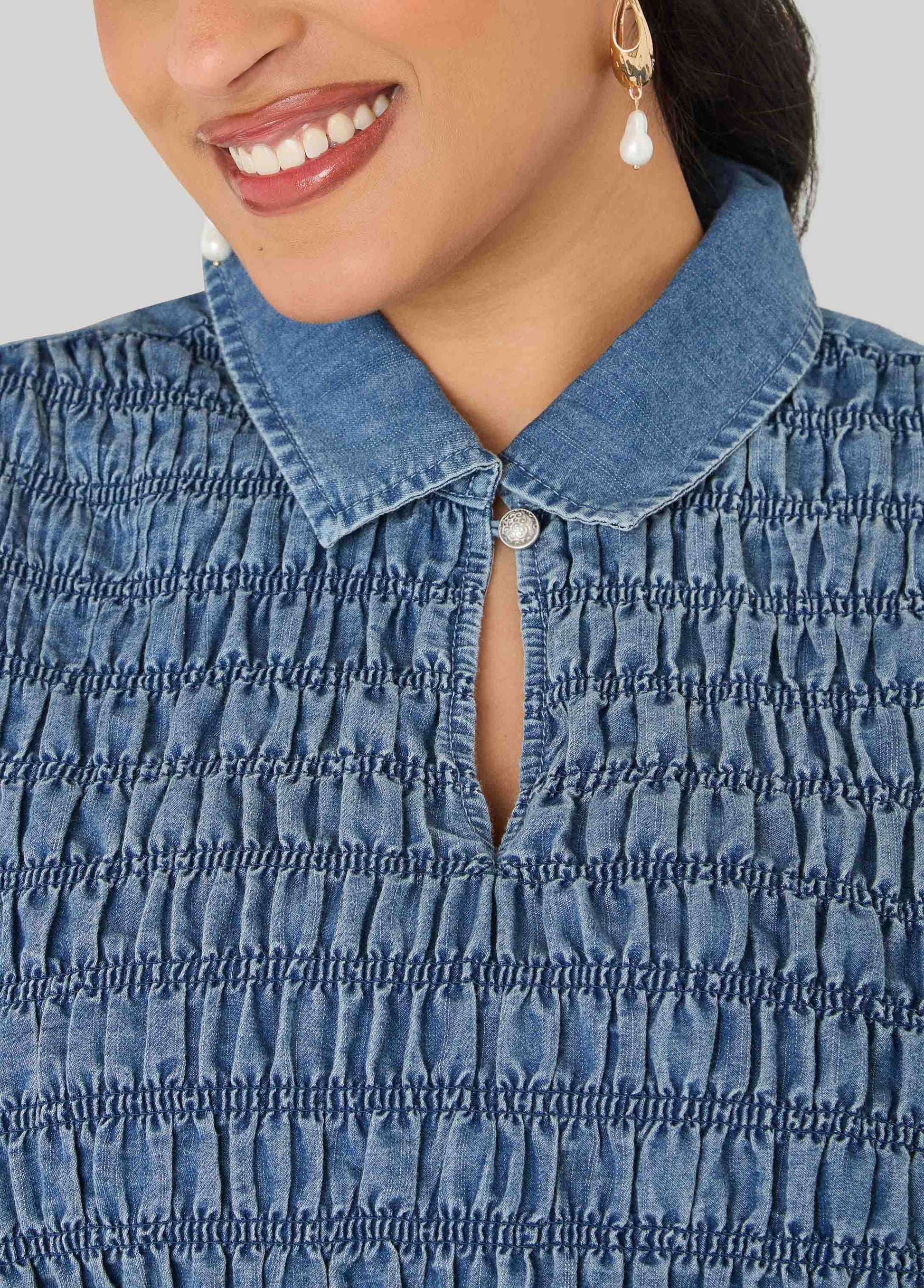 Ashley Stewart Smocked Denim Peplum Top Denim
