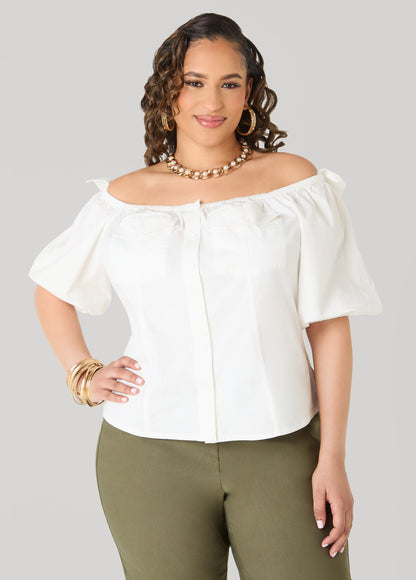 Ashley Stewart Puff Sleeve Off The Shoulder Shirt White