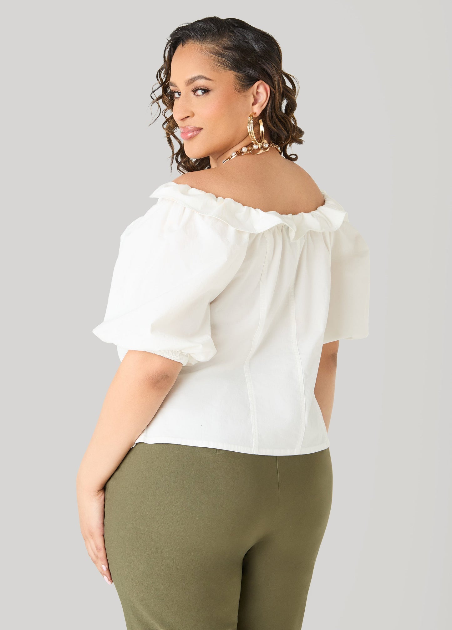 Ashley Stewart Puff Sleeve Off The Shoulder Shirt White