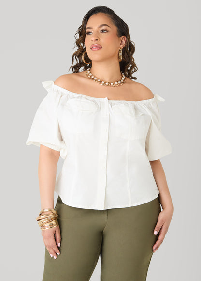 Ashley Stewart Puff Sleeve Off The Shoulder Shirt White