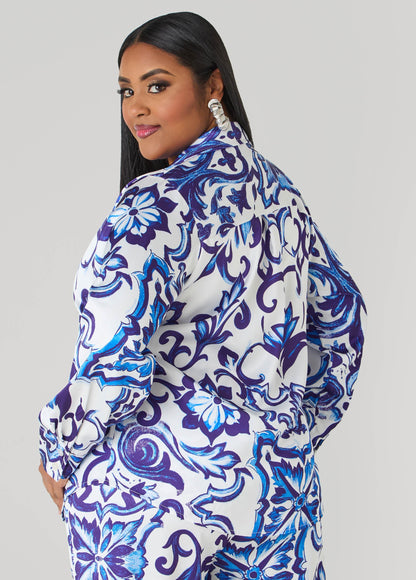 Ashley Stewart Floral Print Satin Shirt Pansy