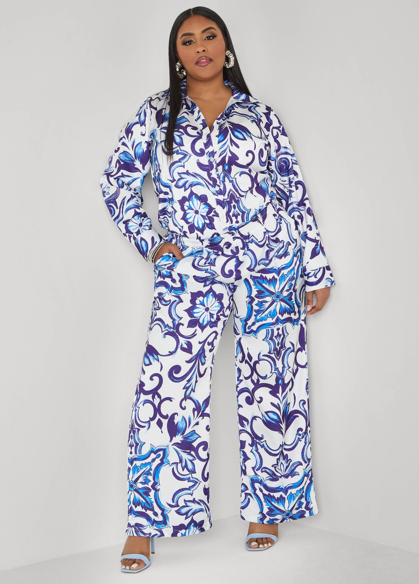 Ashley Stewart Floral Print Satin Shirt Pansy