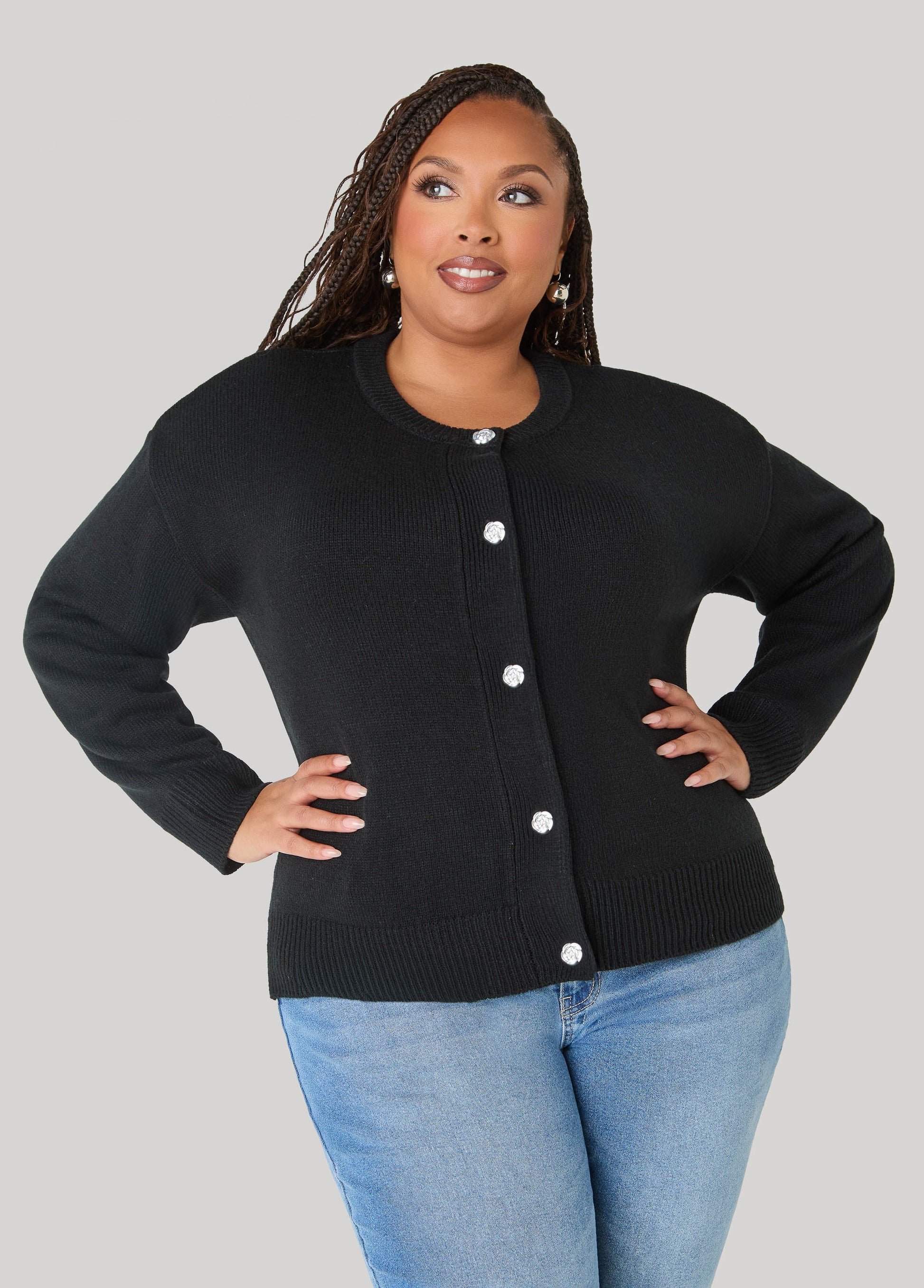 Ashley Stewart Rose Button Front Cardigan Black