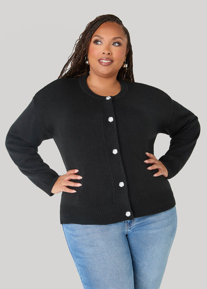 Ashley Stewart Rose Button Front Cardigan Black