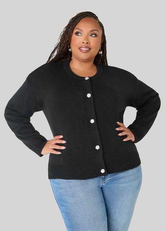 Ashley Stewart Rose Button Front Cardigan Black