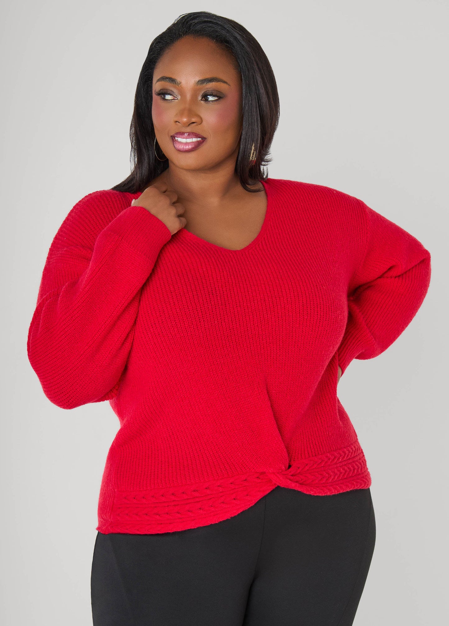 Ashley Stewart Knotted Cable Knit Trimmed Sweater Lychee