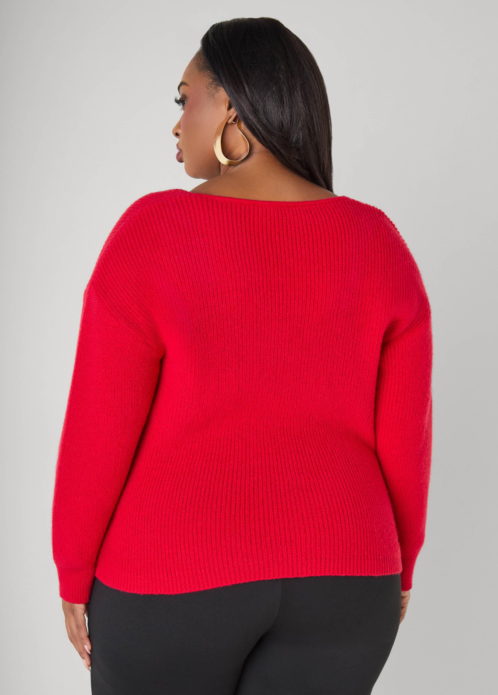 Ashley Stewart Knotted Cable Knit Trimmed Sweater Lychee
