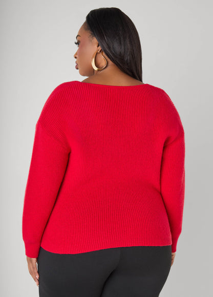 Ashley Stewart Knotted Cable Knit Trimmed Sweater Lychee
