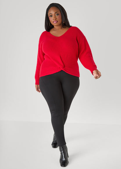 Ashley Stewart Knotted Cable Knit Trimmed Sweater Lychee