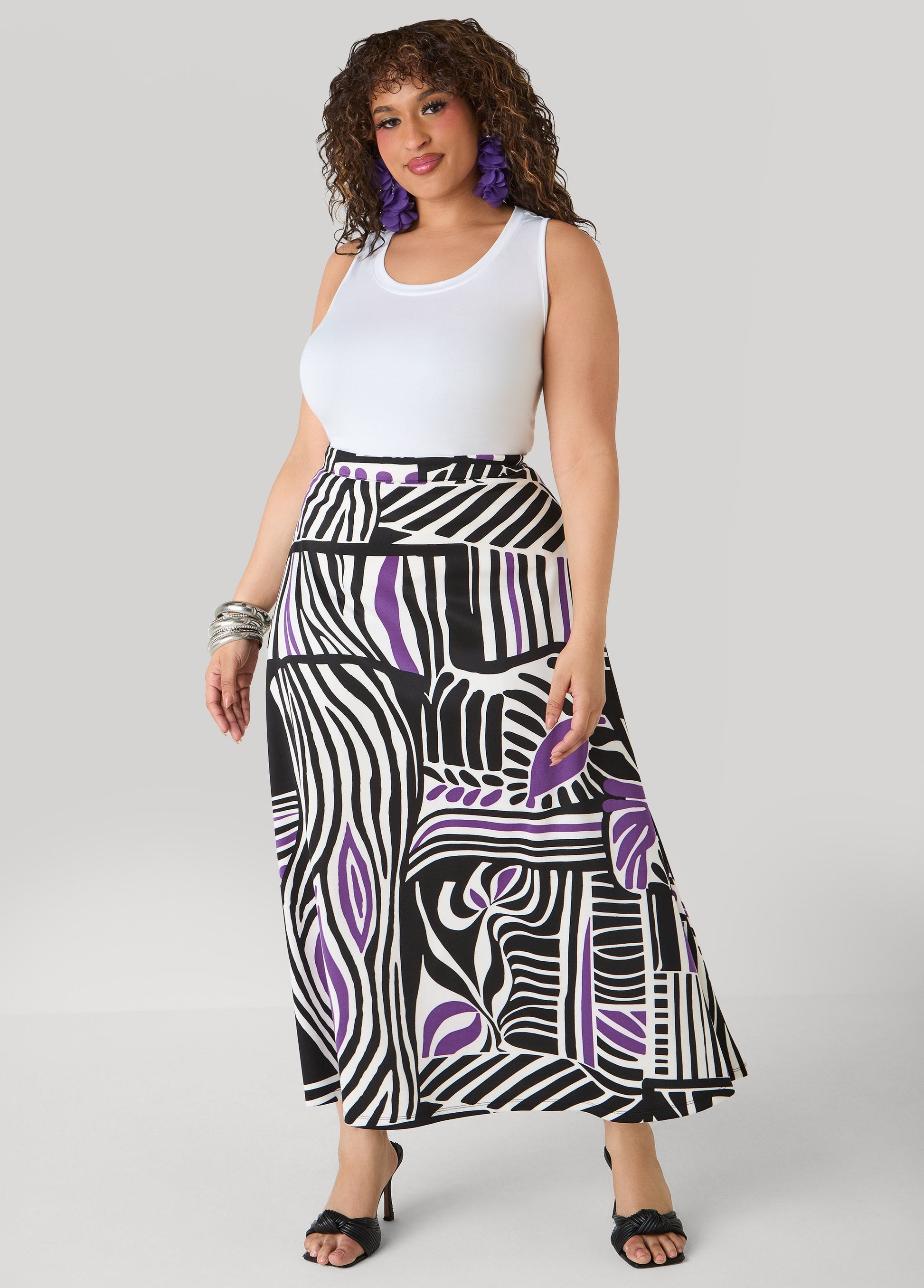 Ashley Stewart Geo Print Scuba Maxi Skirt Black White