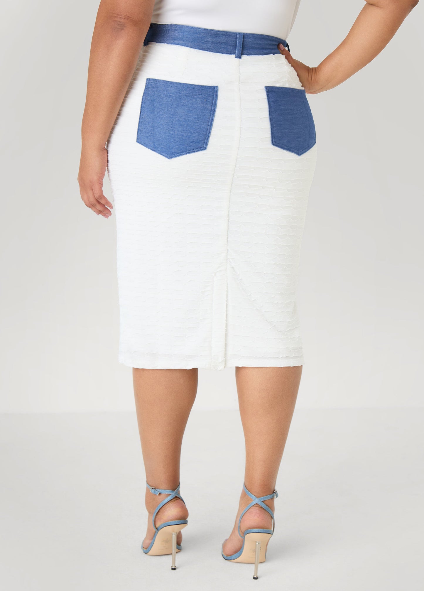 Ashley Stewart Denim Paneled Textured Skirt White