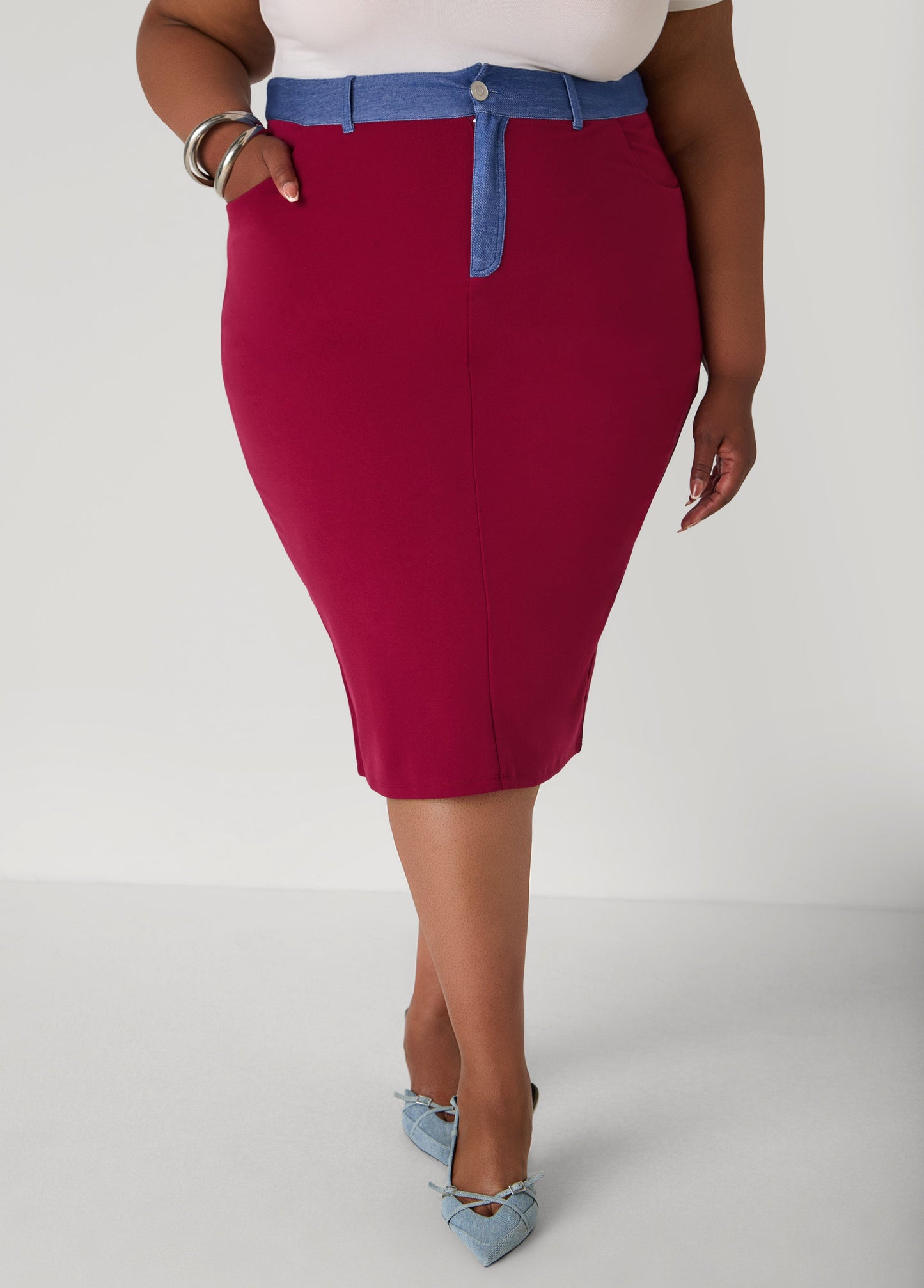 Ashley Stewart Denim Paneled Midi Skirt Rhododendron