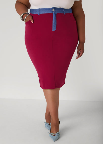 Ashley Stewart Denim Paneled Midi Skirt Rhododendron