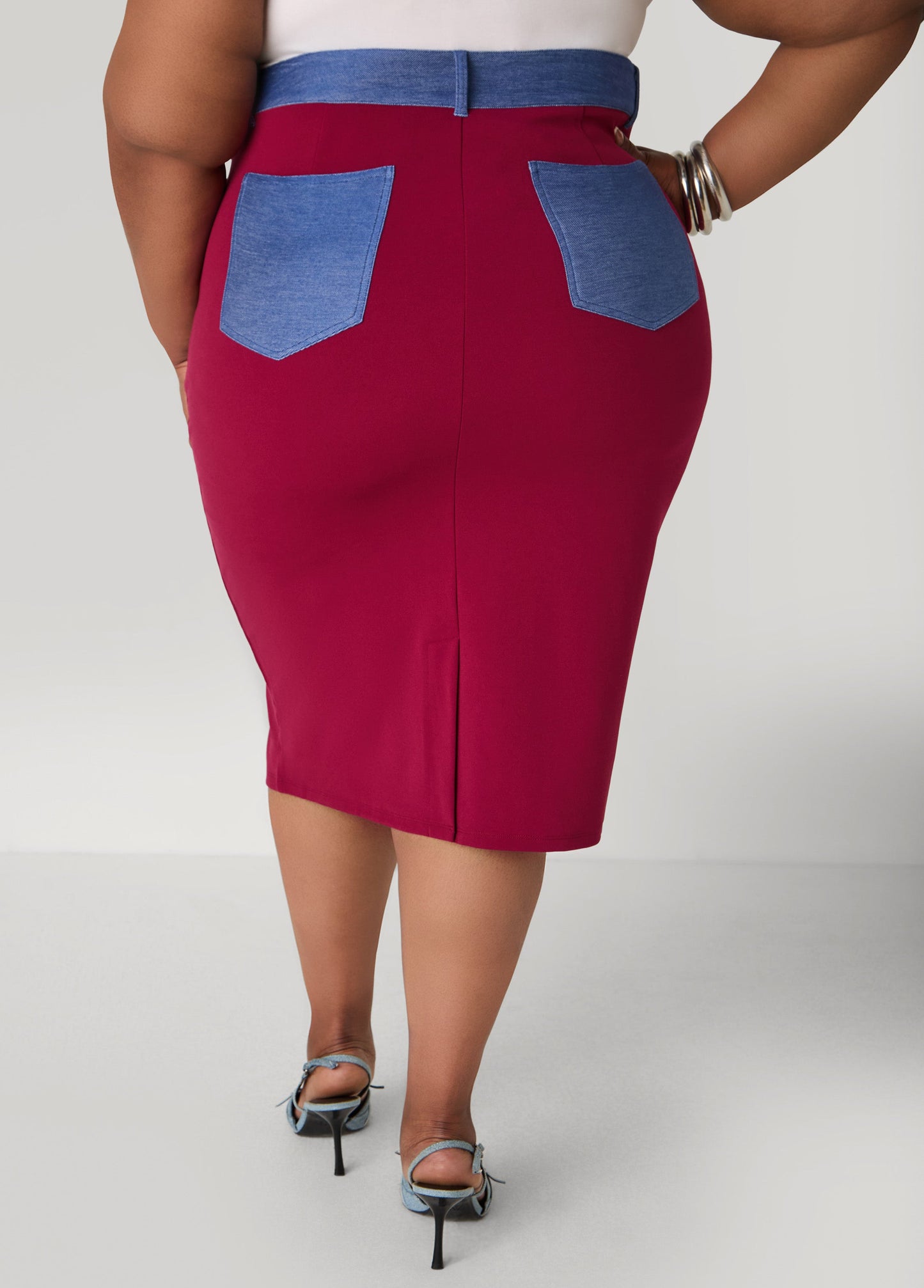 Ashley Stewart Denim Paneled Midi Skirt Rhododendron