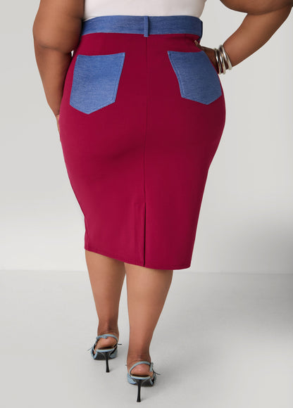 Ashley Stewart Denim Paneled Midi Skirt Rhododendron