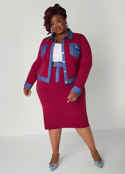 Ashley Stewart Denim Paneled Midi Skirt Rhododendron